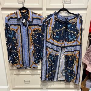 Maje Navy and Light Blue Chain & Belt Print Shirt